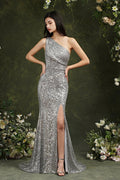 Vestido de dama de honor/baile largo hasta el suelo con lentejuelas brillantes, un solo hombro y abertura lateral estilo sirena