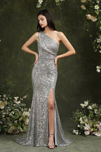 Vestido de dama de honor/baile largo hasta el suelo con lentejuelas brillantes, un solo hombro y abertura lateral estilo sirena