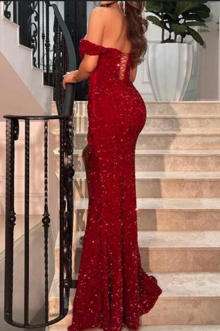 Vestidos de fiesta largos de sirena con hombros descubiertos y abertura en rojo brillante