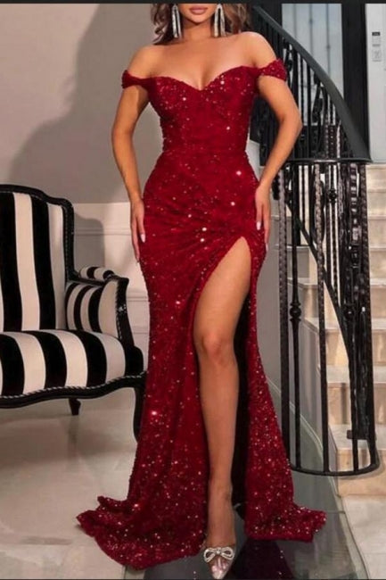 Vestidos de fiesta largos de sirena con hombros descubiertos y abertura en rojo brillante