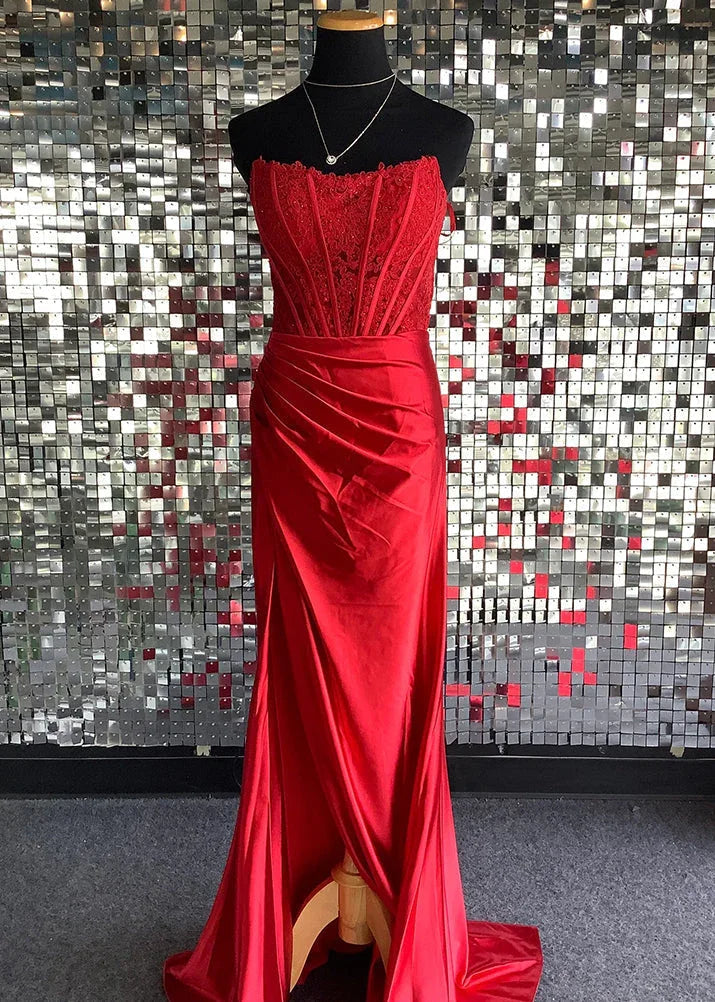 Arielle | Robe de bal en satin, corset sans bretelles, coupe fourreau avec fente