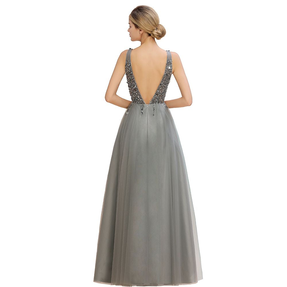 Vestido largo de noche con escote en V y lentejuelas brillantes, vestido de fiesta de tul