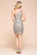 Sparkly Short Slim Cocktail Party Dress Sexy One Shoulder Mini Prom Dress