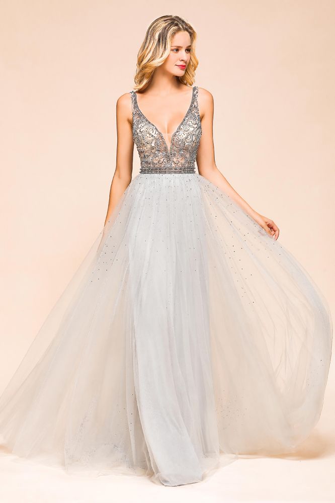 Vestido de noche con escote en V brillante, corte A, largo hasta el suelo, sin mangas, para fiesta de boda