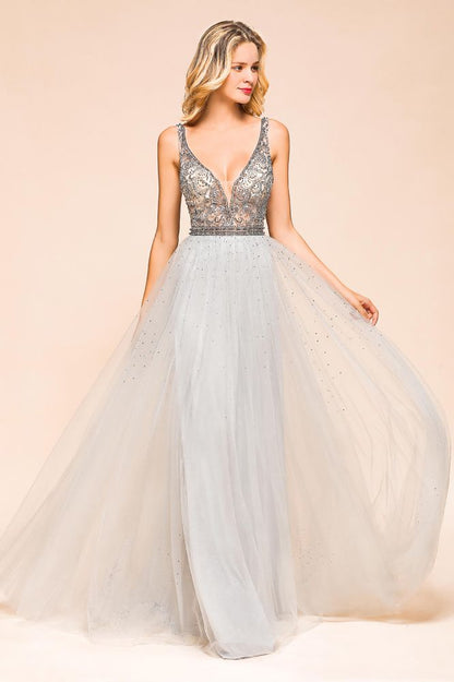 Sparkly V-Neck Aline Evening Dress Floor Length Sleeveless Wedding Party Dress