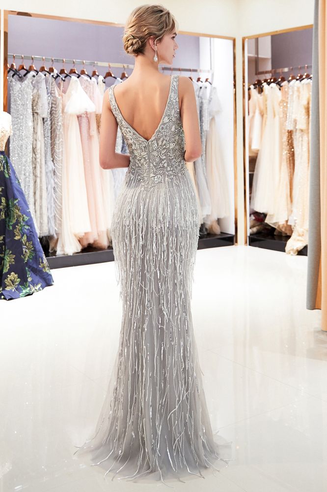 Glitzerndes V-Ausschnitt Quasten Meerjungfrau Ballkleid Pailletten Partykleid