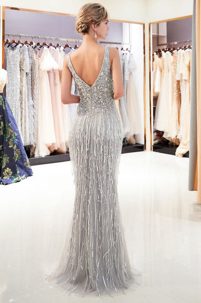 Glitzerndes V-Ausschnitt Quasten Meerjungfrau Ballkleid Pailletten Partykleid