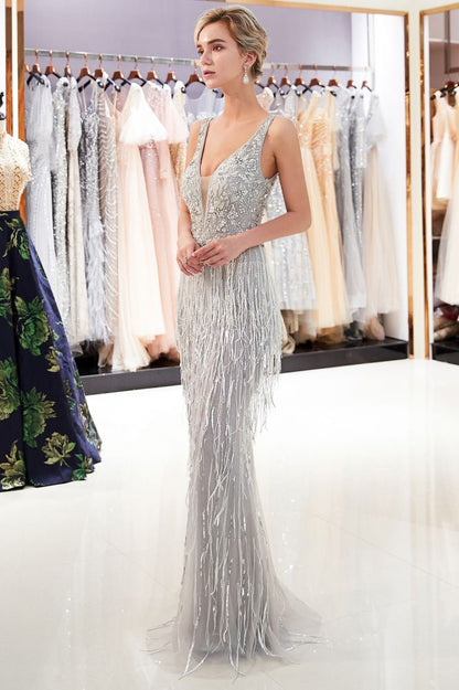 Glitzerndes V-Ausschnitt Quasten Meerjungfrau Ballkleid Pailletten Partykleid