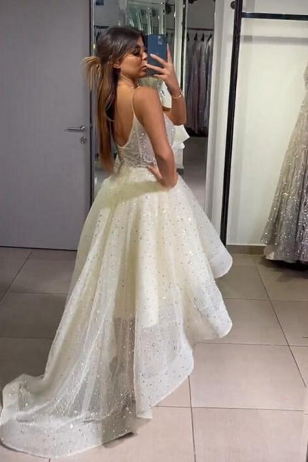 Sparkly Yellow Spaghetti Straps Hi-lo Cocktail Party Dresses Prom Gowns