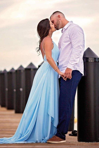 Split Himmelblau Rustikale Brautkleider Strand Brautkleid mit Hofschleppe