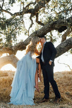 Split Sky Blue Rustic Wedding Dresses Beach Wedding Gown with Court Train