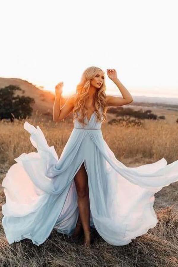 Split Sky Blue Rustic Wedding Dresses Beach Wedding Gown with Court Train