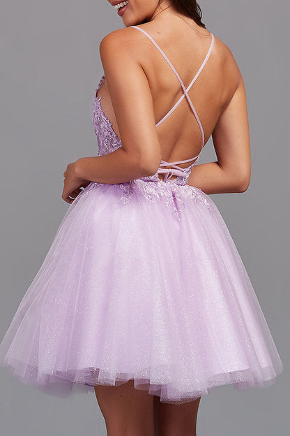 Vestido de fiesta de tul con apliques y espalda descubierta en corte A
