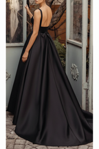 Square Neck Vintage Satin Wedding Dress With Court Train And Sash