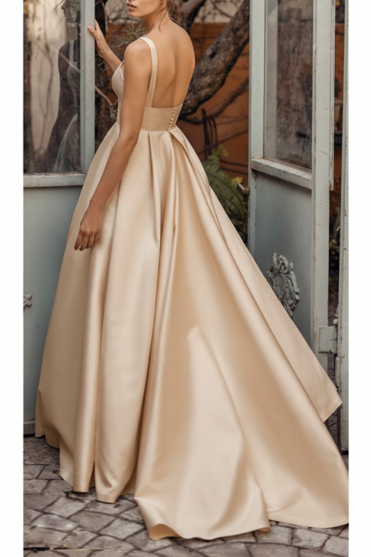 Square Neck Vintage Satin Wedding Dress With Court Train And Sash