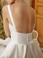Square Neck Vintage Satin Wedding Dress With Court Train And Sash