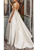 Square Neck Vintage Satin Wedding Dress With Court Train And Sash