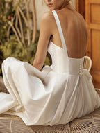 Square Neck Vintage Satin Wedding Dress With Court Train And Sash