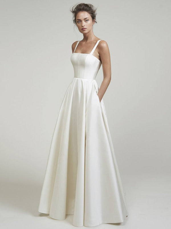 Square Neck Vintage Satin Wedding Dress With Court Train And Sash