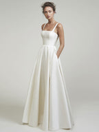 Square Neck Vintage Satin Wedding Dress With Court Train And Sash