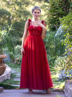Vestido de Baile Comprido em Tule Pontilhado com Corpete