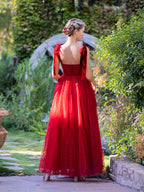 Vestido de Baile Comprido em Tule Pontilhado com Corpete