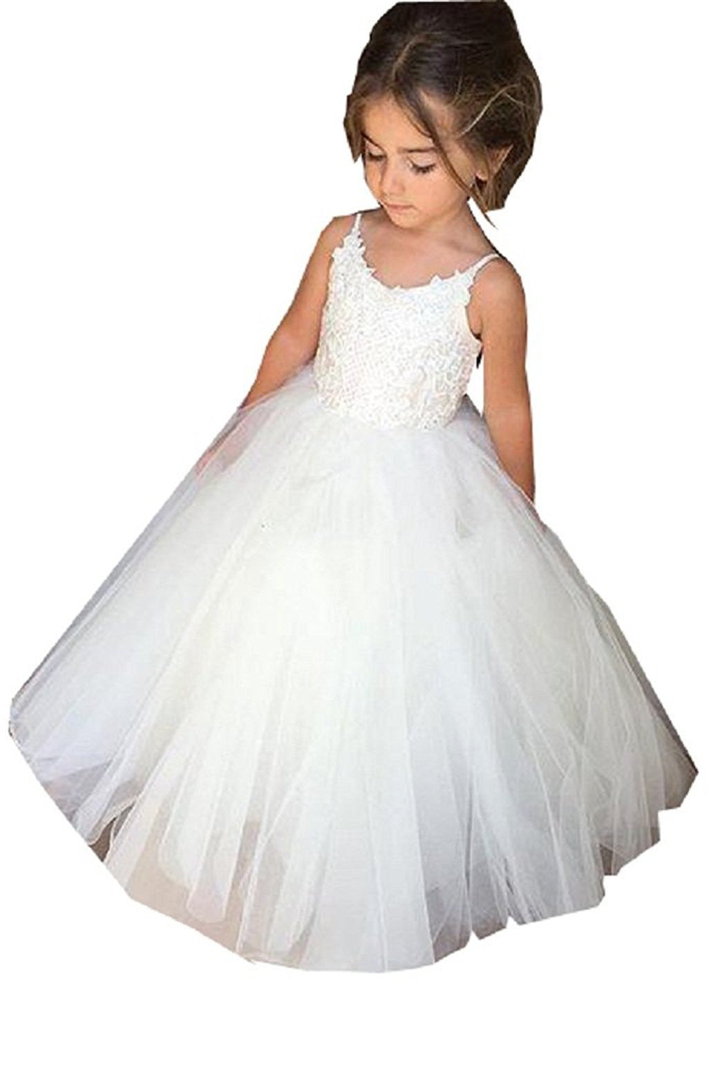 Lace Ball Gown Flower Girls Dress With Square Neckline Sleeveless