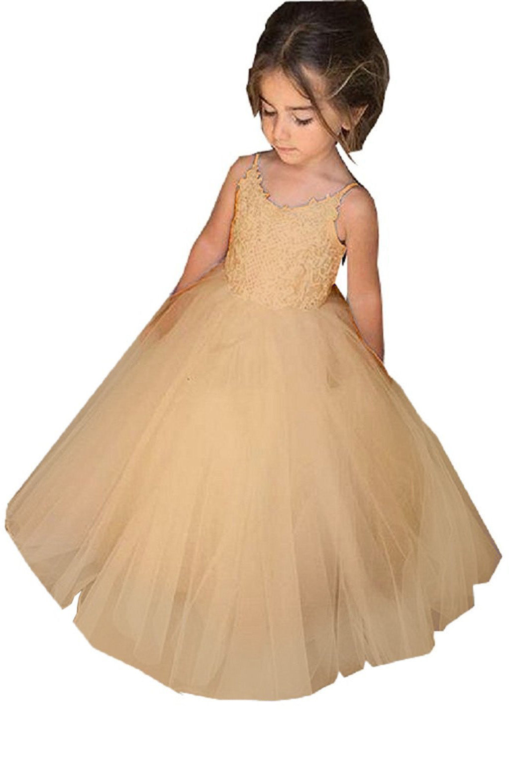 Lace Ball Gown Flower Girls Dress With Square Neckline Sleeveless