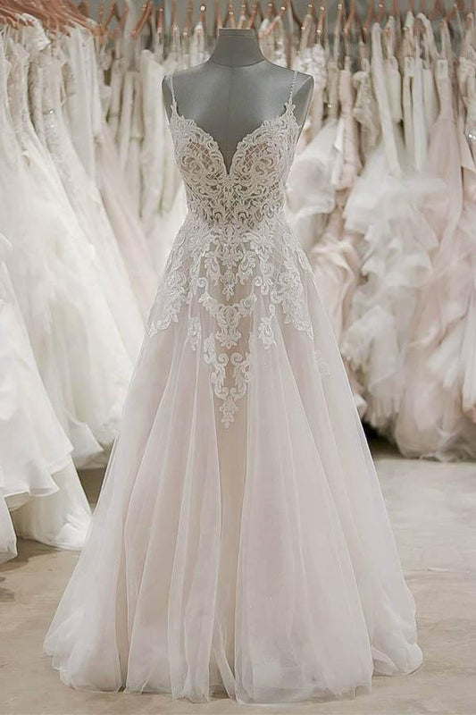 Robe de mariée de plage à bretelles et col en V Robe de mariée en tulle ivoire dos nu WD309