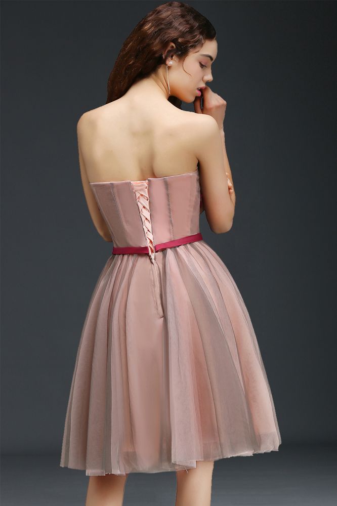 Abito da cerimonia senza spalline in tulle, lunghezza al ginocchio, stile principessa