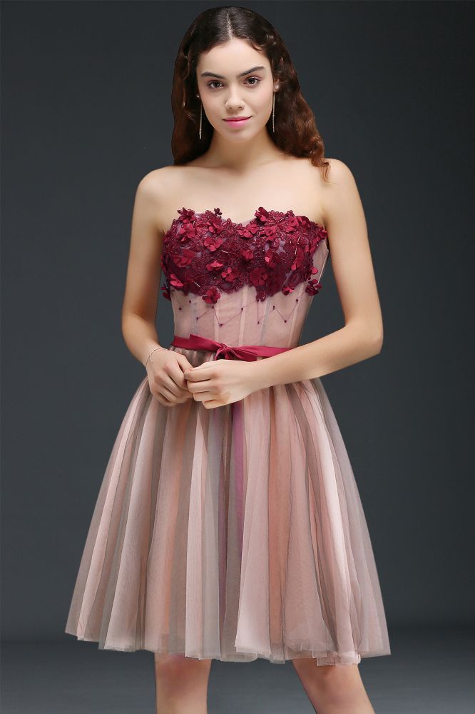 Abito da cerimonia senza spalline in tulle, lunghezza al ginocchio, stile principessa