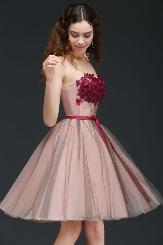 Abito da cerimonia senza spalline in tulle, lunghezza al ginocchio, stile principessa