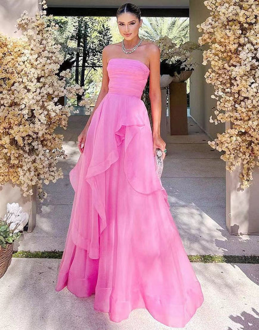 Hellrosa A-Linien-Ballkleid aus Organza ohne Träger