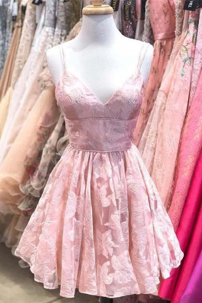 Vestido de fiesta corto de encaje con tirantes en forma de A, color rosa, para regreso a casa, PD317