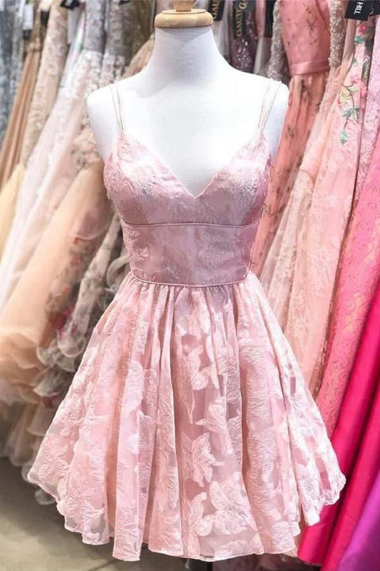 Träger A-Linie Spitze Kurzes Ballkleid Rosa Homecoming Kleid PD317