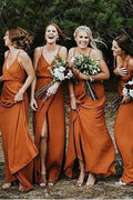 Vestido de Dama de Honra em Chiffon Laranja com Alças, Decote em V e Corte em A com Fenda BD064