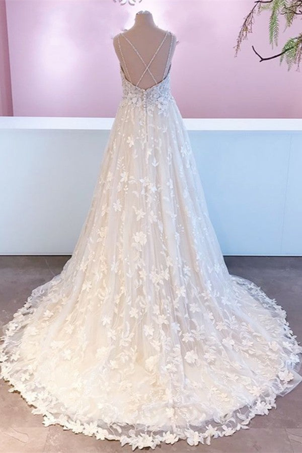 Beaded Appliques Tulle A Line Wedding Gown With V Neck Lace