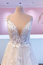 Beaded Appliques Tulle A Line Wedding Gown With V Neck Lace