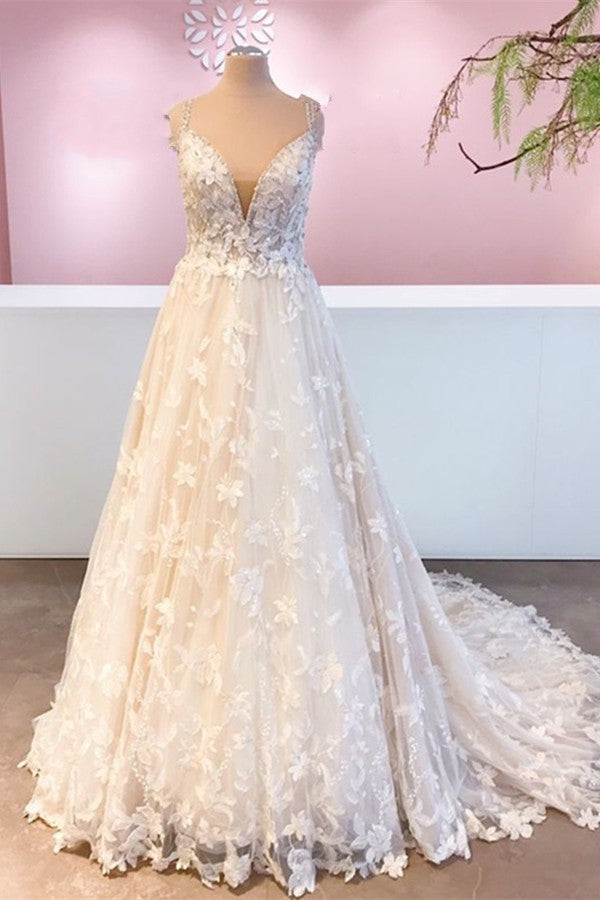 Beaded Appliques Tulle A Line Wedding Gown With V Neck Lace