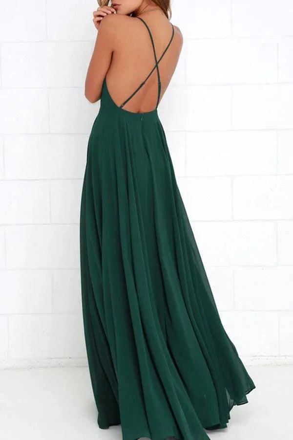 Vestido Comprido Verde Escuro para Damas de Honra com Alças Cruzadas nas Costas BD076