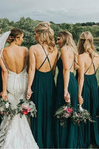 Vestido Comprido Verde Escuro para Damas de Honra com Alças Cruzadas nas Costas BD076