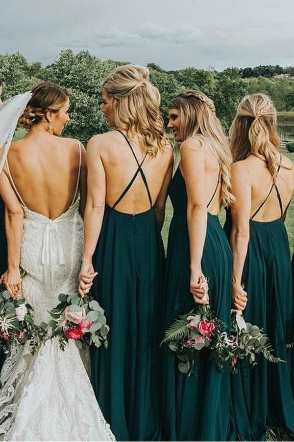 Vestido Comprido Verde Escuro para Damas de Honra com Alças Cruzadas nas Costas BD076