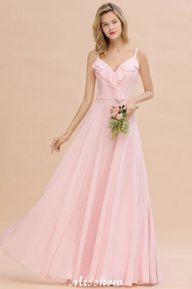 Abito da sera in chiffon rosa caramella con spalline, schiena scoperta, per damigella d'onore