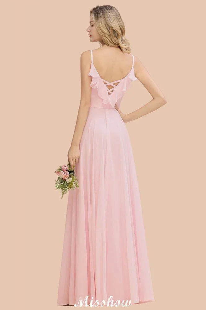 Abito da sera in chiffon rosa caramella con spalline, schiena scoperta, per damigella d'onore