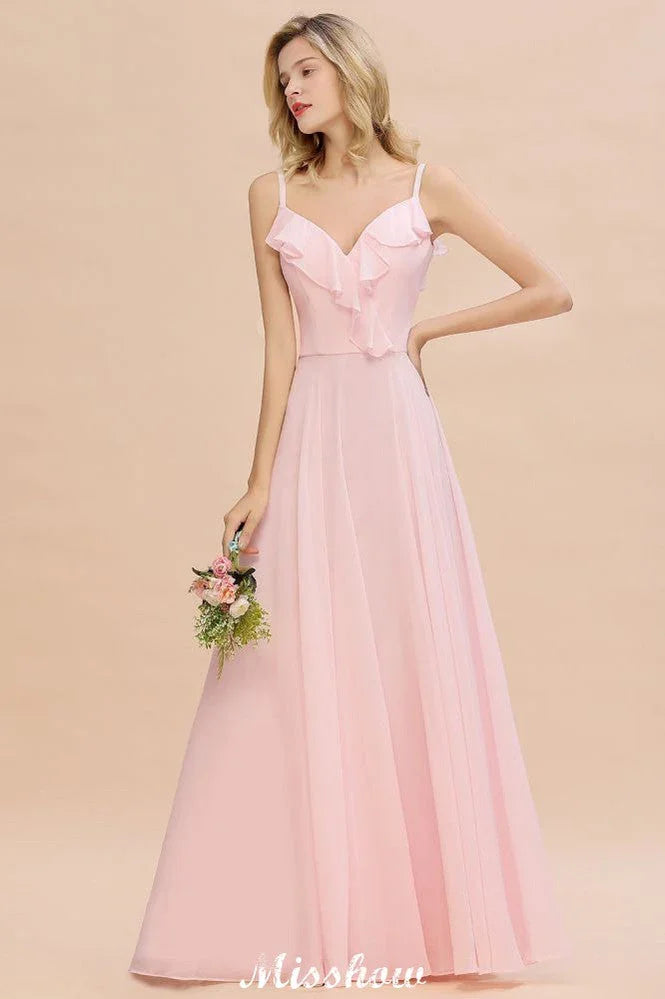 Abito da sera in chiffon rosa caramella con spalline, schiena scoperta, per damigella d'onore
