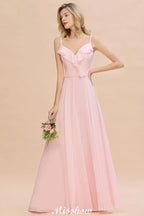 Abito da sera in chiffon rosa caramella con spalline, schiena scoperta, per damigella d'onore