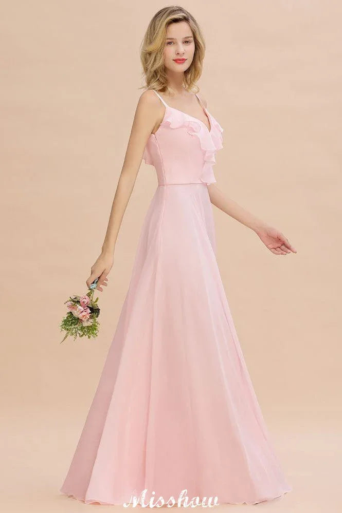 Abito da sera in chiffon rosa caramella con spalline, schiena scoperta, per damigella d'onore
