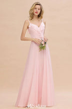 Abito da sera in chiffon rosa caramella con spalline, schiena scoperta, per damigella d'onore