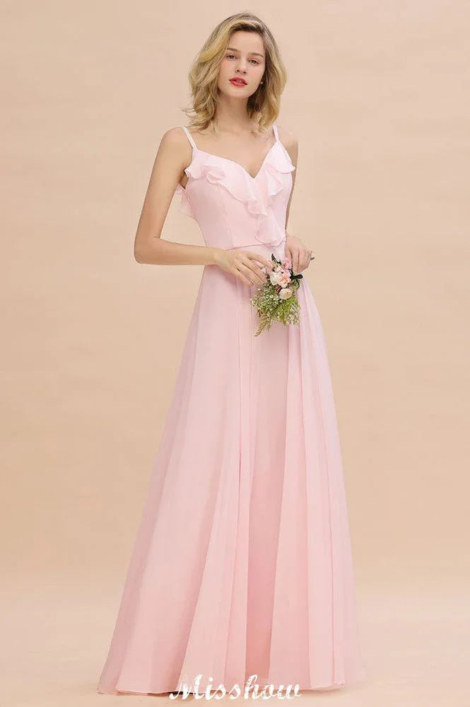 Abito da sera in chiffon rosa caramella con spalline, schiena scoperta, per damigella d'onore