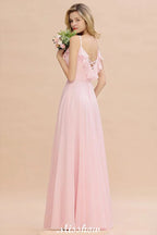 Abito da sera in chiffon rosa caramella con spalline, schiena scoperta, per damigella d'onore